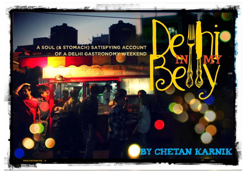 Original Delhi in my Belly cover, showing a Delhi food stall and the title in yellow