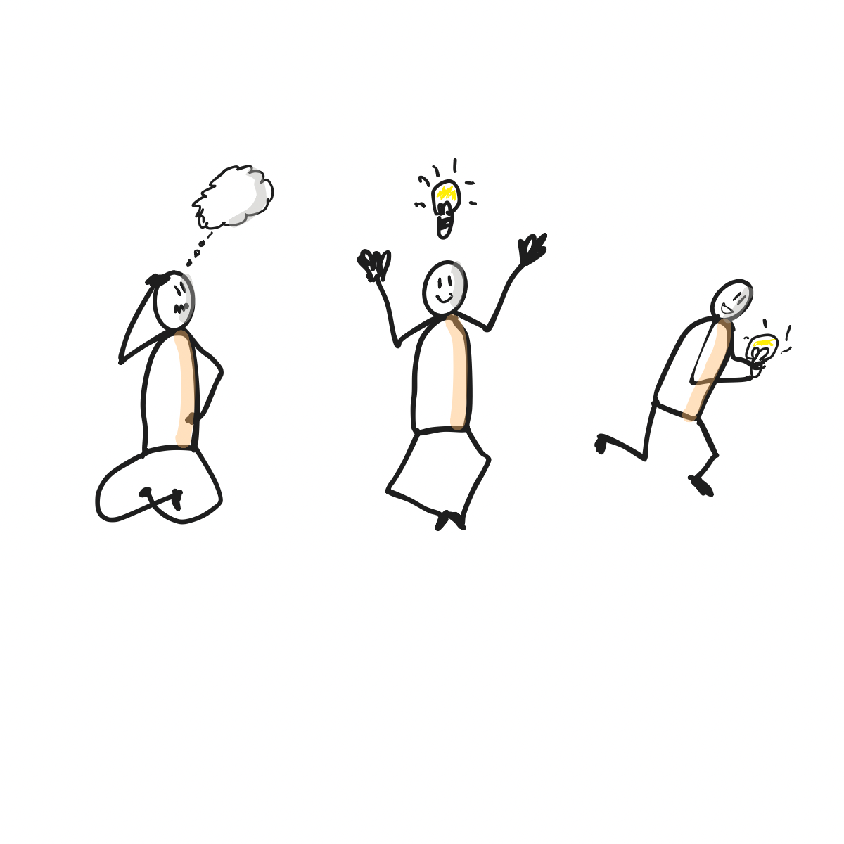 A person is thinking; the thought becomes a light bulb; then the person runs holding the bulb — something is done with the insight.