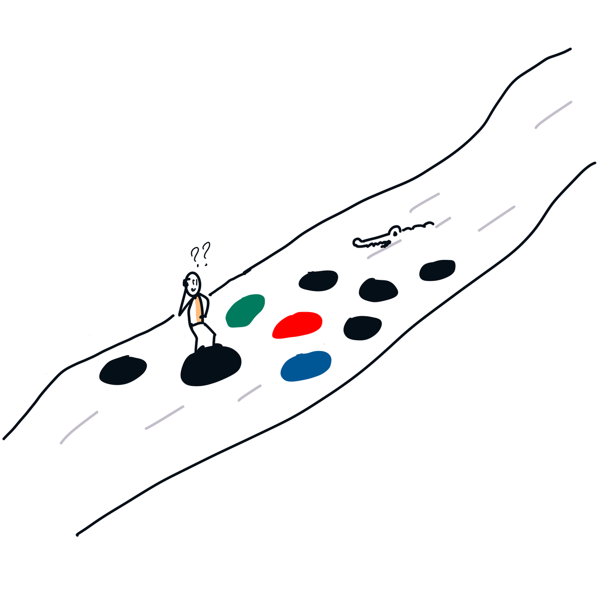 A person crosses a river using boulders — the known ones dark, three coloured ones the possible next moves: a conversation, a different perspective, a small decision.