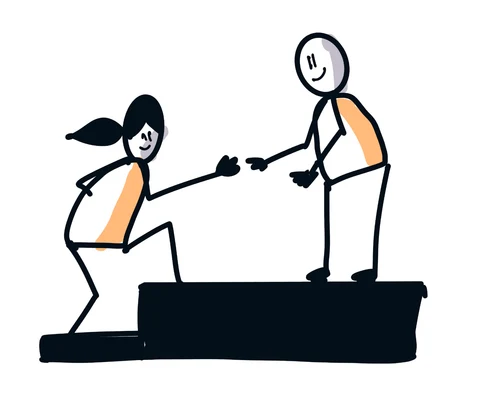 A person on a higher step offers a helping hand to someone stepping up