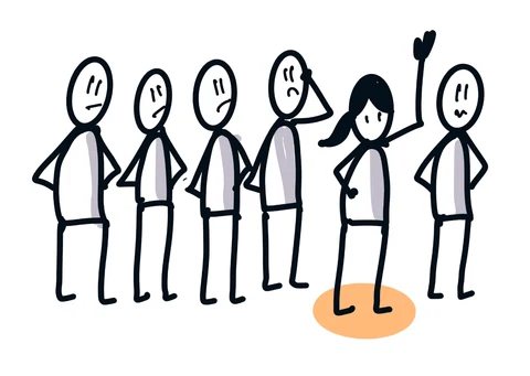 One person steps forward from a group with a raised hand